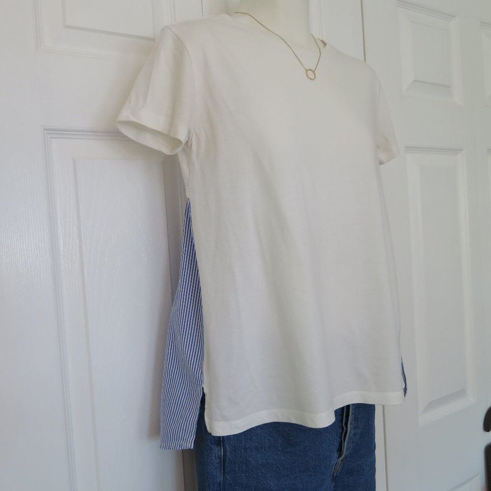 OASIS white T-shirt with contrast blue and white stripe back